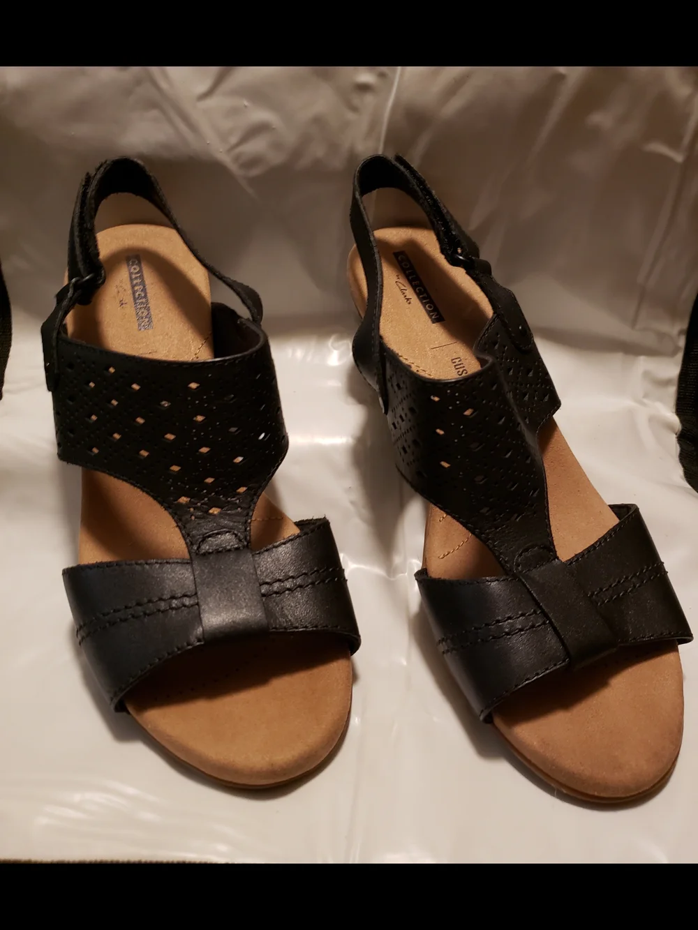 Clarks Black Perforated Leather Slingback Sandal with Low Block Heel